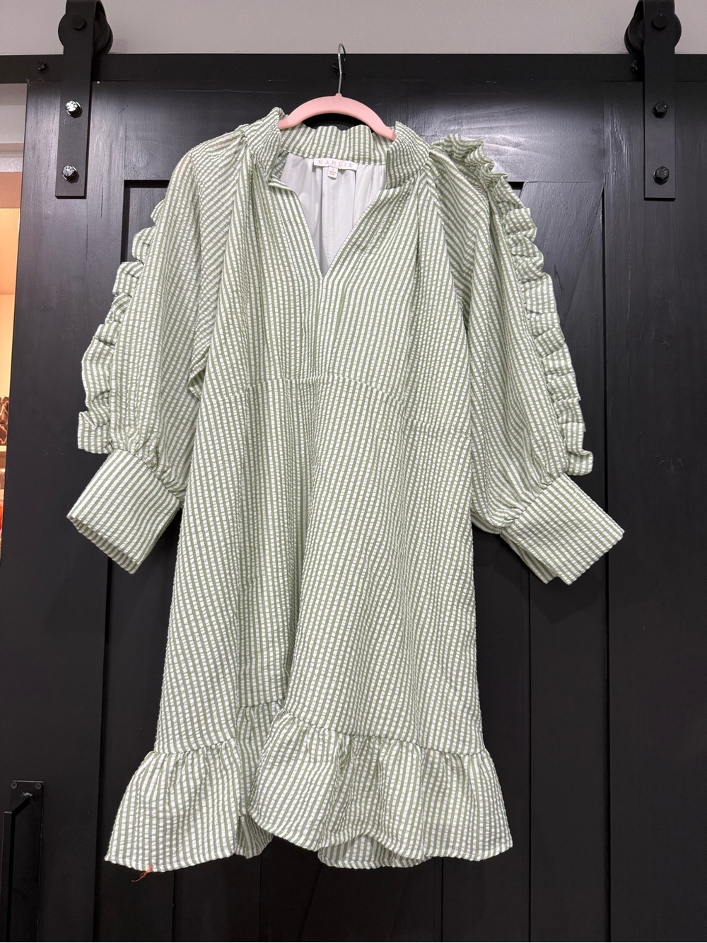 Karlie Light Sage Green Striped Ruffle Dress
